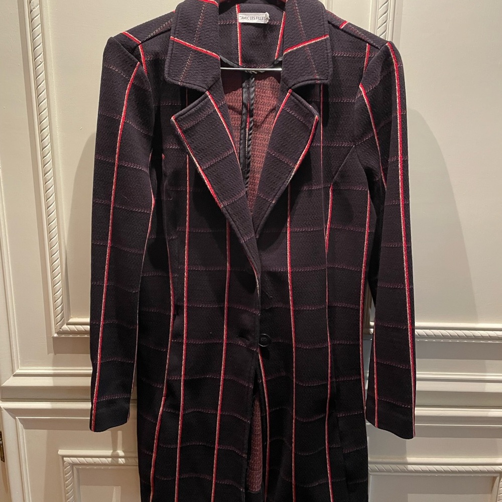Avec Les Filles Black and Red Plaid Sweater Coat